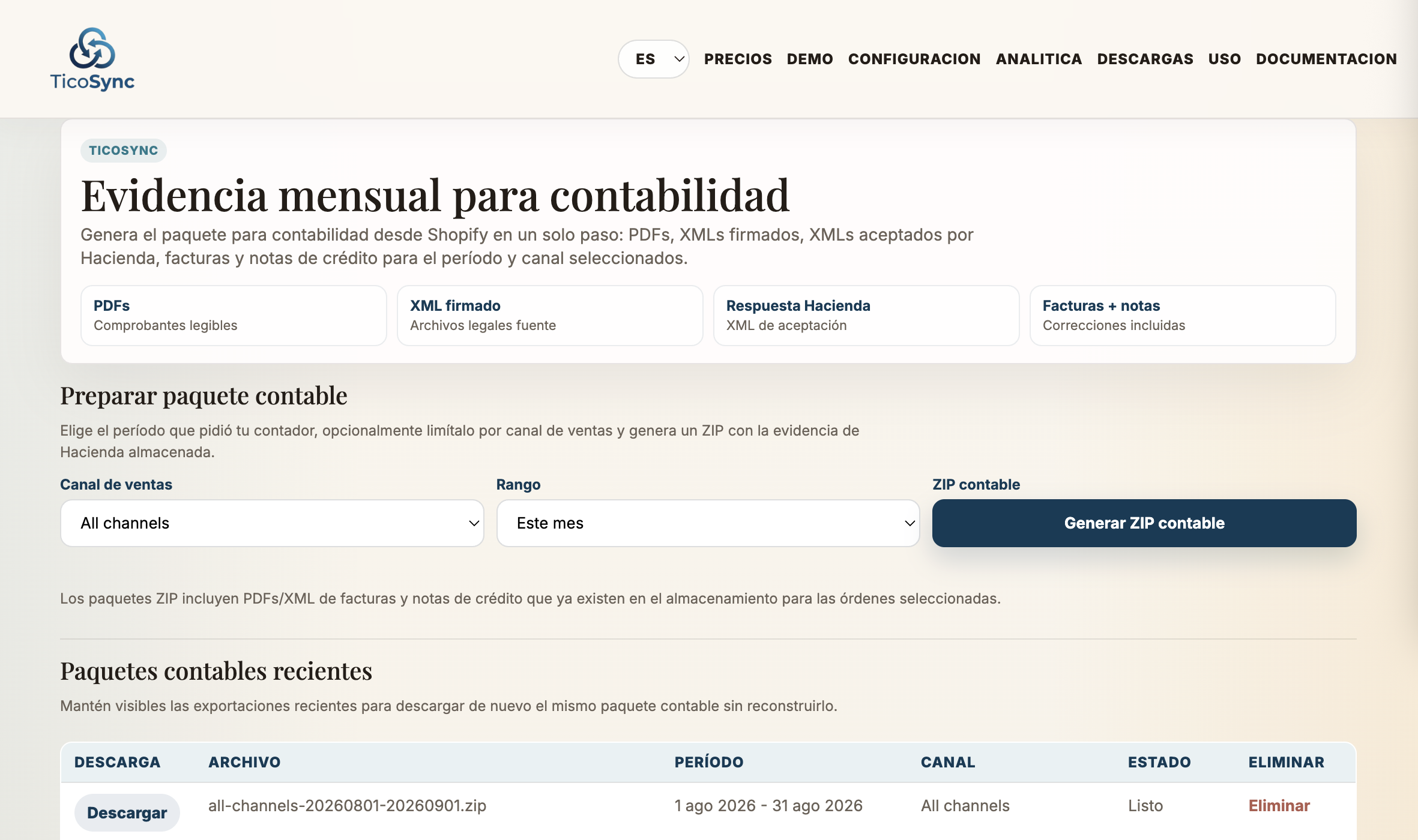 TicoSync downloads page showing monthly accounting evidence package controls and recent ZIP exports