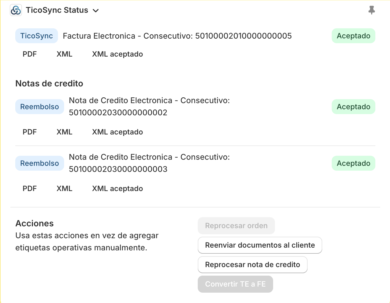 TicoSync Shopify order status block showing an accepted invoice and two accepted refund credit notes