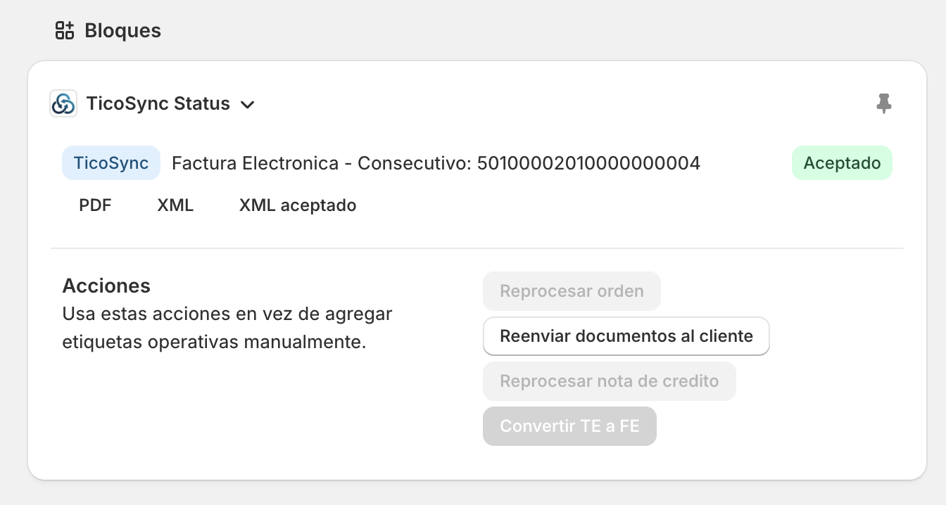 TicoSync Shopify order status block with Hacienda status, document downloads, and recovery action buttons